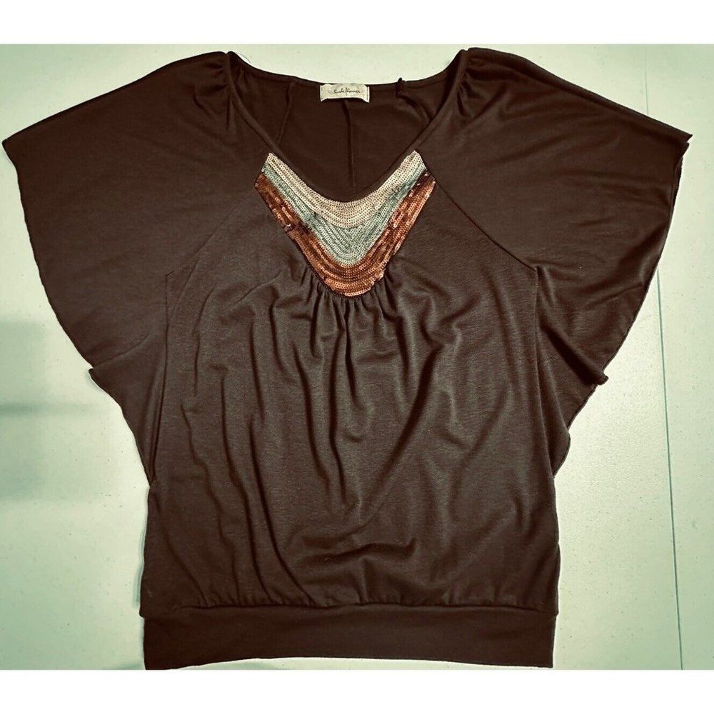 Sushi Flower Brown Sequin Embellished Neckline‎ Blouse Top Dolman Short Sleeve M